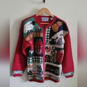 Festive Red Patchwork Knit Cardigan Sweater